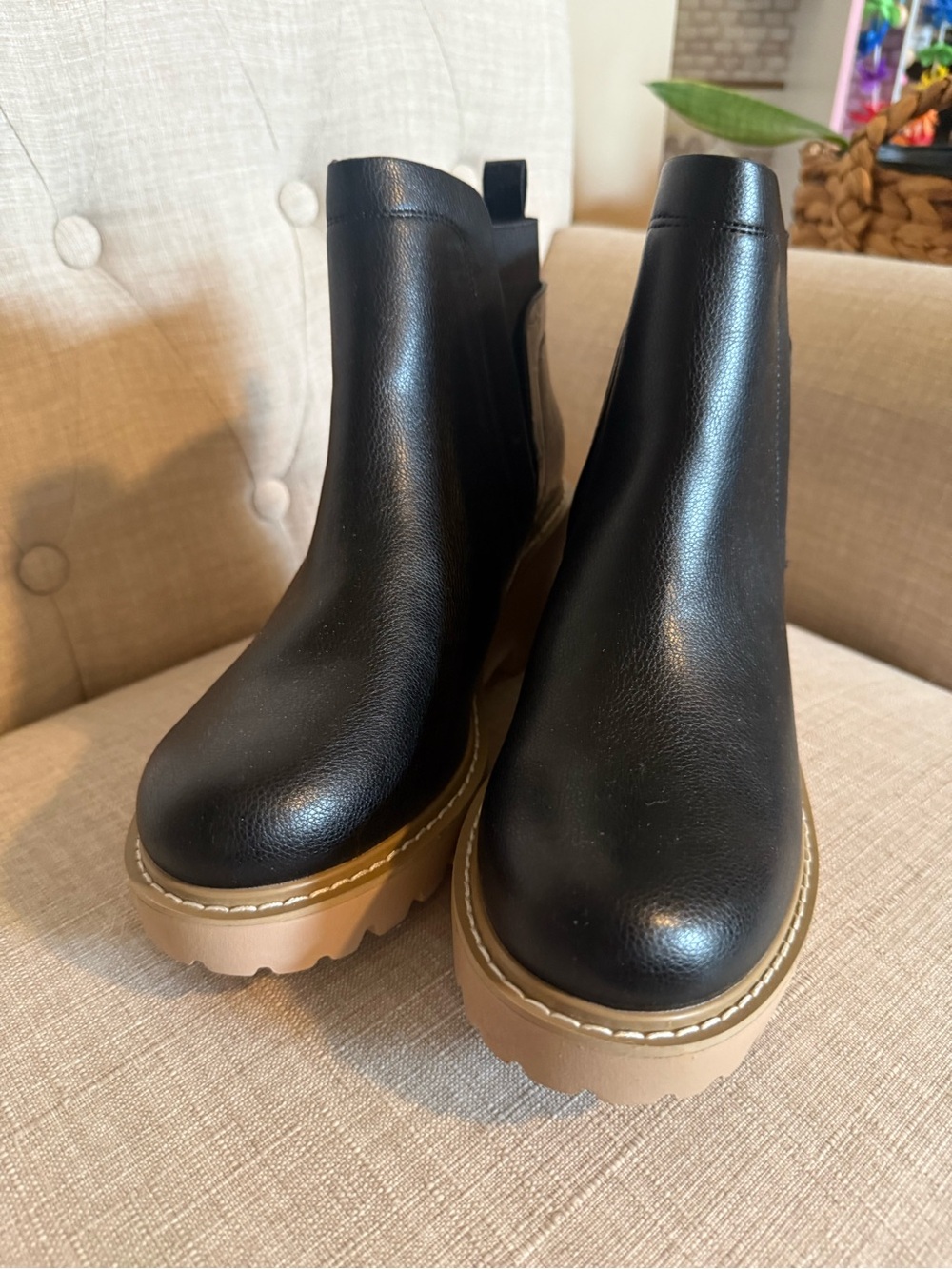 Black Leather Platform Chelsea Booties with Tan Lug Sole